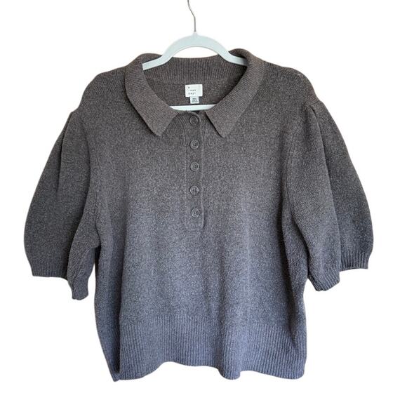 A New Day Short Sleeve Collared Sweater XXL Plus Size Brown Taupe Puff Sleeve - Picture 1 of 6